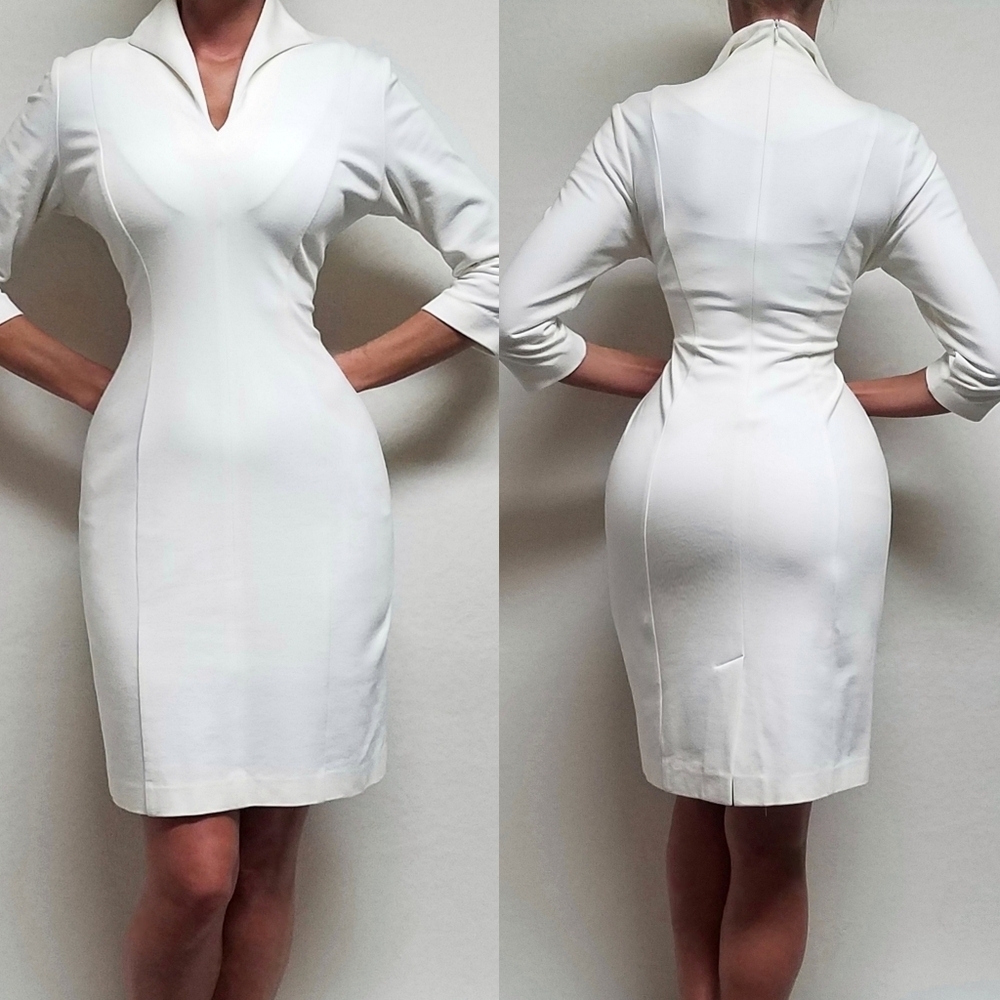 J'Envie White Ivory Pointed Standing Collar Quarter Sleeve Mini Sheath Dress 4